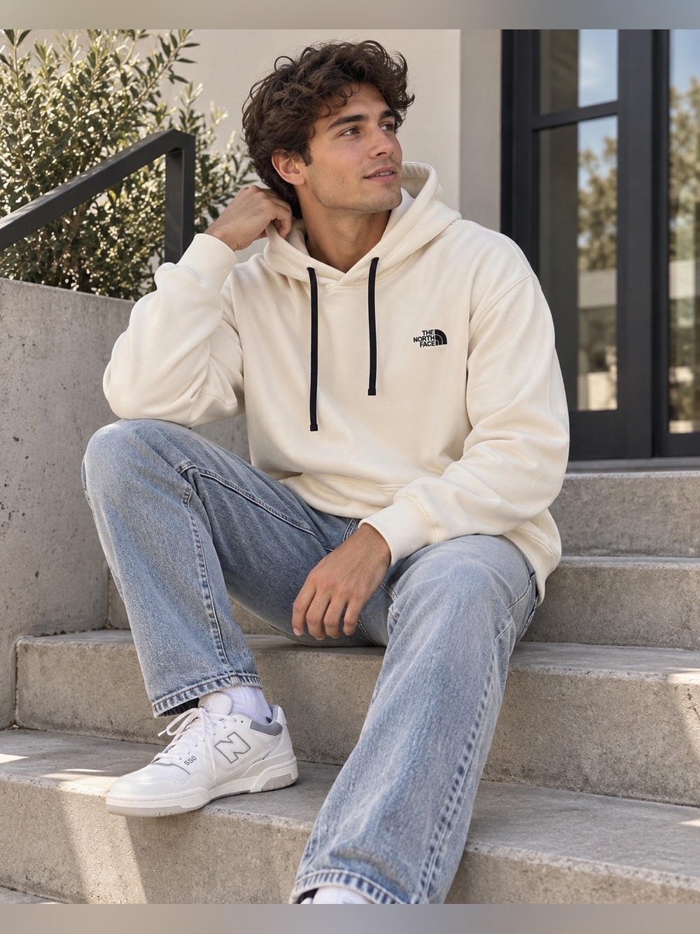 The North Face Cream Ivory Pullover Hoodie Black Drawstrings Sz Medium Gorpcore